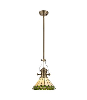 1 Light Telescopic Ceiling Pendant E27 With 30cm Tiffany Shade, Antique Brass, Green, Crystal - 1
