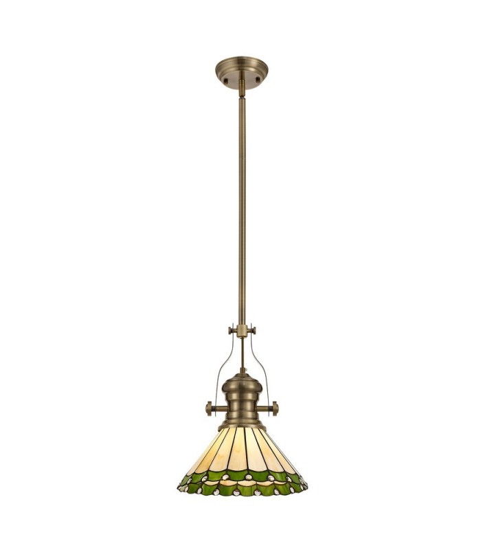 1 Light Telescopic Ceiling Pendant E27 With 30cm Tiffany Shade, Antique Brass, Green, Crystal - 1