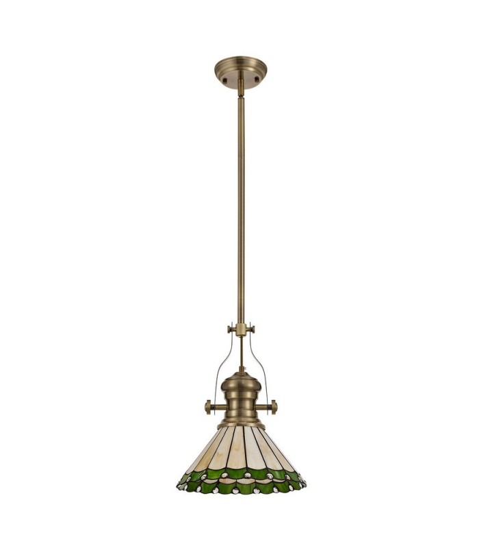 1 Light Telescopic Ceiling Pendant E27 With 30cm Tiffany Shade, Antique Brass, Green, Crystal - 3