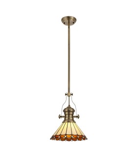 1 Light Telescopic Ceiling Pendant E27 With 30cm Tiffany Shade, Antique Brass, Amber, Crystal - 1