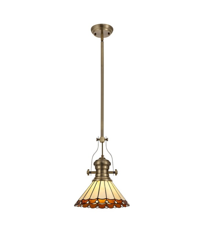 1 Light Telescopic Ceiling Pendant E27 With 30cm Tiffany Shade, Antique Brass, Amber, Crystal - 1