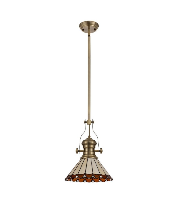 1 Light Telescopic Ceiling Pendant E27 With 30cm Tiffany Shade, Antique Brass, Amber, Crystal - 3