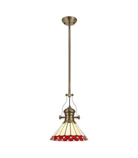 1 Light Telescopic Ceiling Pendant E27 With 30cm Tiffany Shade, Antique Brass, Red, Crystal - 1