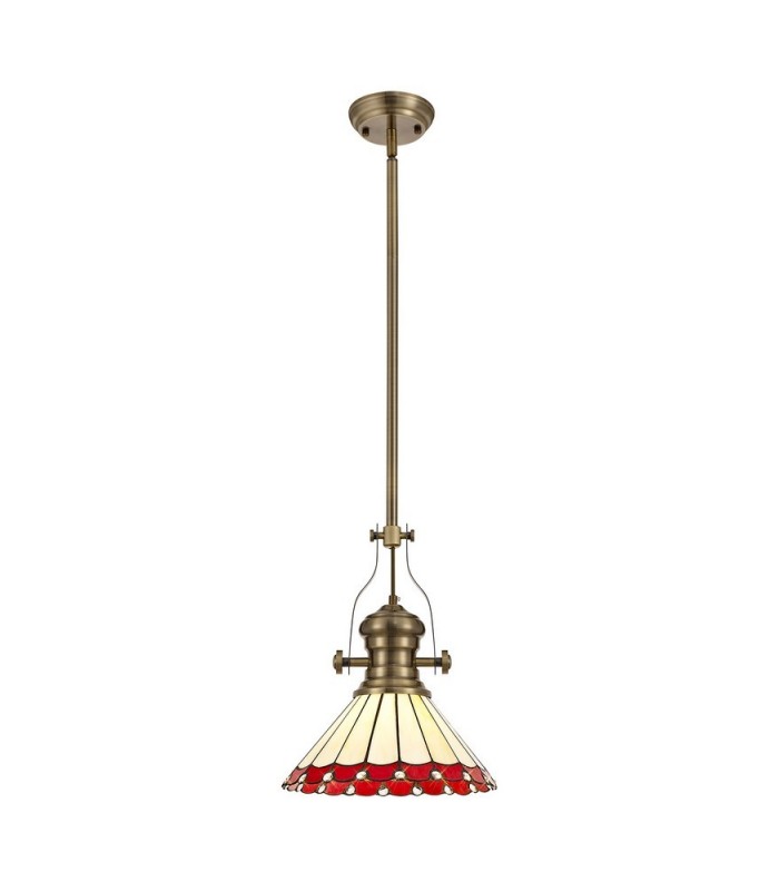 1 Light Telescopic Ceiling Pendant E27 With 30cm Tiffany Shade, Antique Brass, Red, Crystal - 1