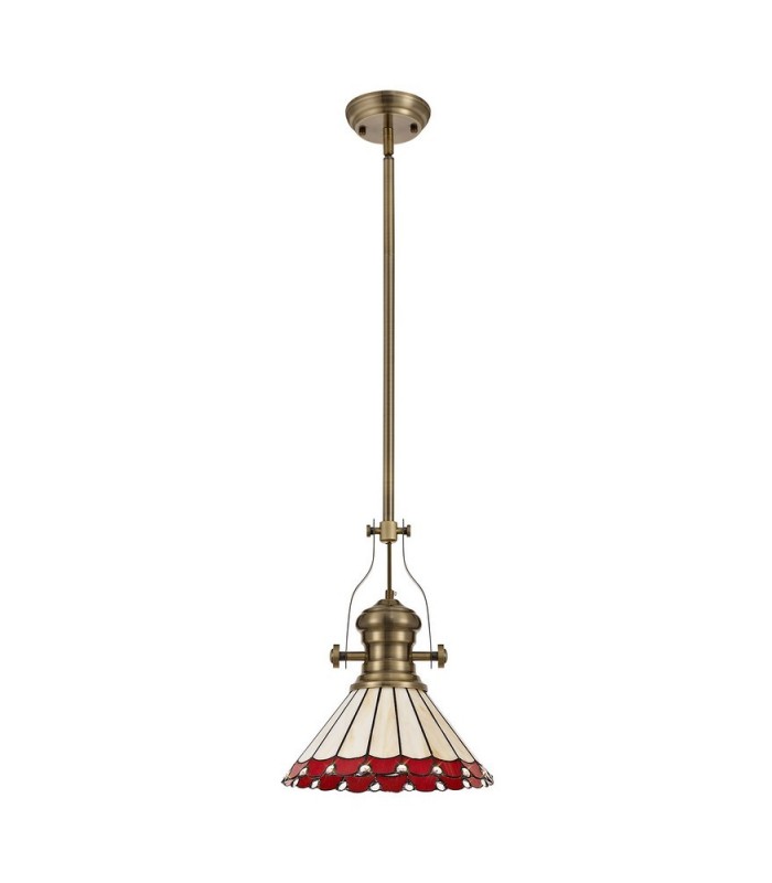 1 Light Telescopic Ceiling Pendant E27 With 30cm Tiffany Shade, Antique Brass, Red, Crystal - 3