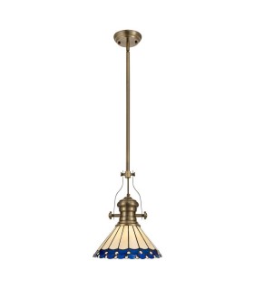 1 Light Telescopic Ceiling Pendant E27 With 30cm Tiffany Shade, Antique Brass, Blue, Crystal - 1