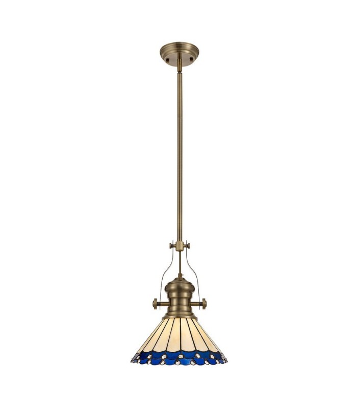 1 Light Telescopic Ceiling Pendant E27 With 30cm Tiffany Shade, Antique Brass, Blue, Crystal - 1