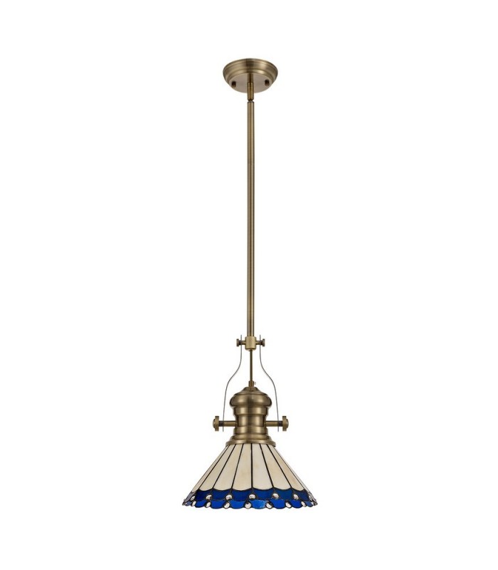 1 Light Telescopic Ceiling Pendant E27 With 30cm Tiffany Shade, Antique Brass, Blue, Crystal - 3