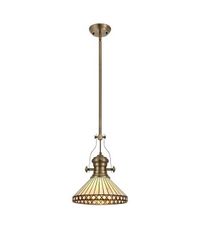1 Light Telescopic Ceiling Pendant E27 With 30cm Tiffany Shade, Antique Brass, Amber, Crystal - 1