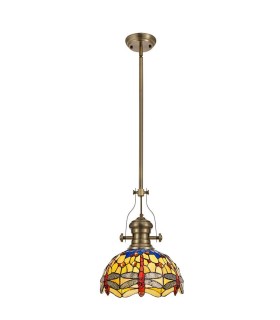 1 Light Telescopic Ceiling Pendant E27 With 30cm Tiffany Shade, Antique Brass, Blue, Orange, Crystal - 1