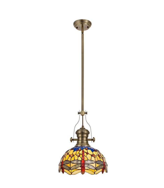 1 Light Telescopic Ceiling Pendant E27 With 30cm Tiffany Shade, Antique Brass, Blue, Orange, Crystal - 1