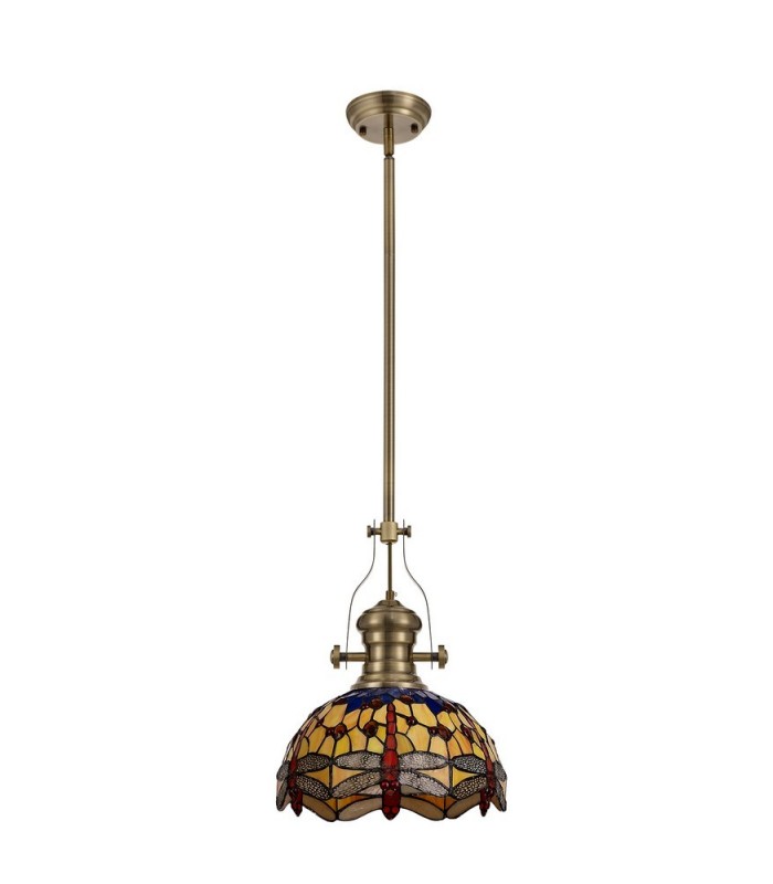 1 Light Telescopic Ceiling Pendant E27 With 30cm Tiffany Shade, Antique Brass, Blue, Orange, Crystal - 3