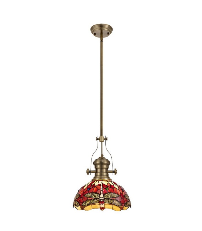 1 Light Telescopic Ceiling Pendant E27 With 30cm Tiffany Shade, Antique Brass, Purple, Pink, Crystal - 1