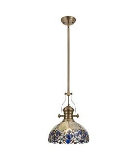 1 Light Telescopic Ceiling Pendant E27 With 30cm Tiffany Shade, Antique Brass, Blue, Clear Crystal - 1