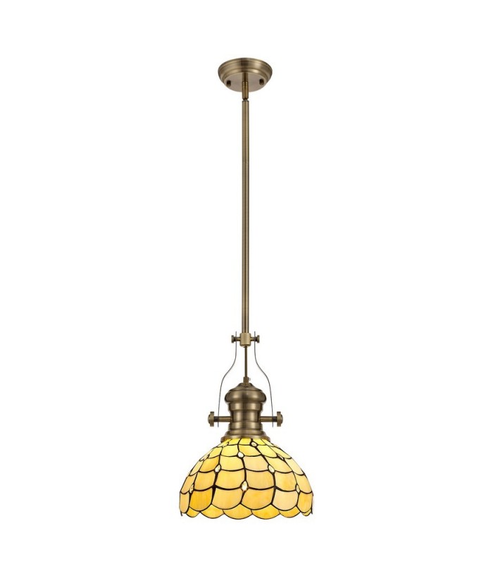 1 Light Telescopic Ceiling Pendant E27 With 30cm Tiffany Shade, Antique Brass, Beige, Clear Crystal - 1