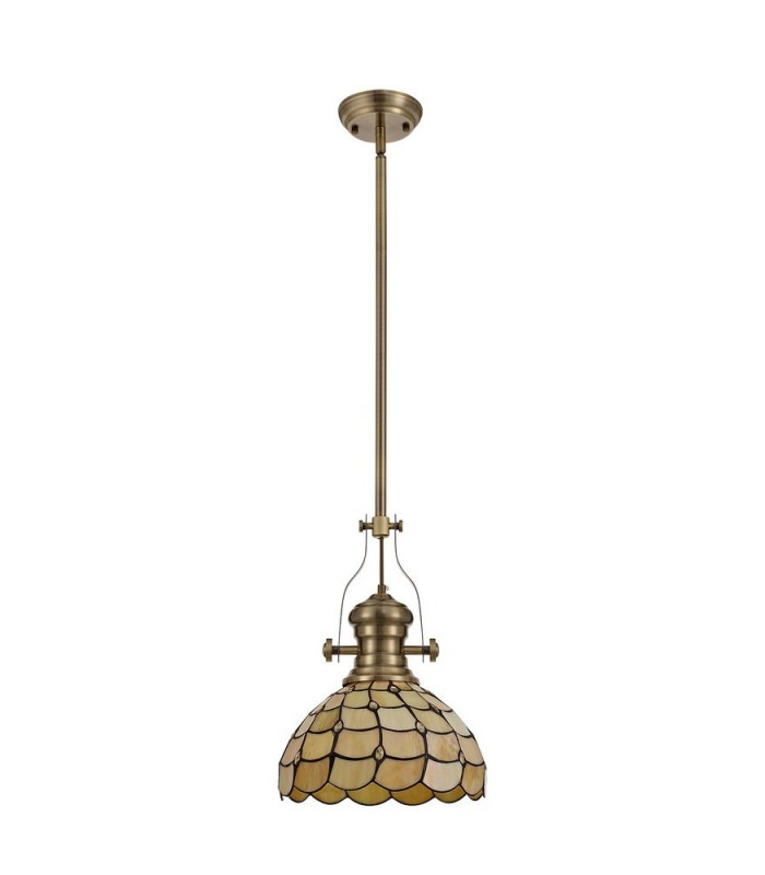 1 Light Telescopic Ceiling Pendant E27 With 30cm Tiffany Shade, Antique Brass, Beige, Clear Crystal - 3