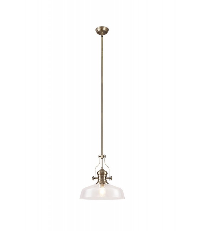 Dome Ceiling Pendant With 38cm Flat Round Shade, 1 x E27, Antique Brass, Clear Glass - 1