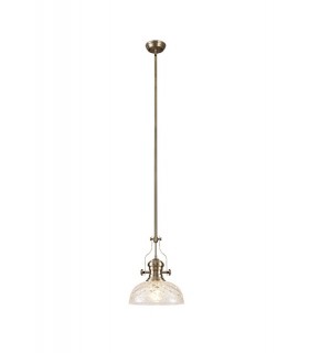 Dome Ceiling Pendant With 30cm Flat Round Patterned Shade, 1 x E27, Antique Brass, Clear Glass - 1