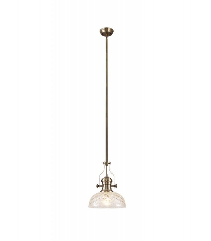 Dome Ceiling Pendant With 30cm Flat Round Patterned Shade, 1 x E27, Antique Brass, Clear Glass - 1