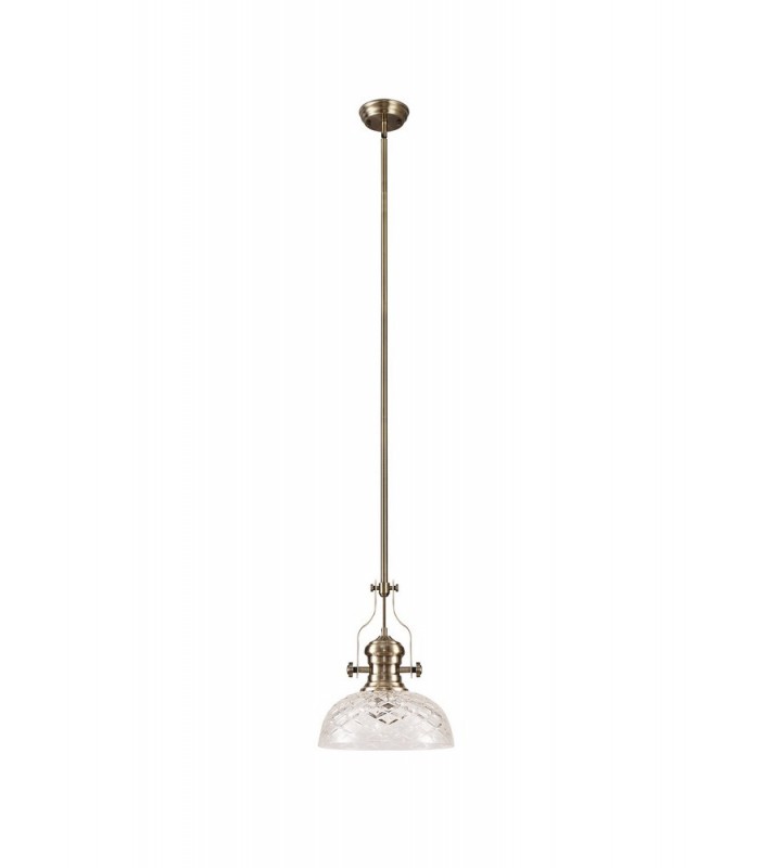 Dome Ceiling Pendant With 30cm Flat Round Patterned Shade, 1 x E27, Antique Brass, Clear Glass - 3