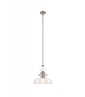 Dome Ceiling Pendant With 38cm Flat Round Shade, 1 x E27, Polished Nickel, Clear Glass - 1