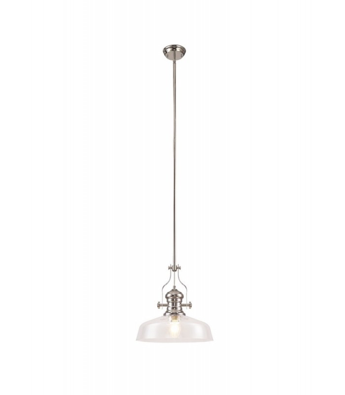 Dome Ceiling Pendant With 38cm Flat Round Shade, 1 x E27, Polished Nickel, Clear Glass - 1