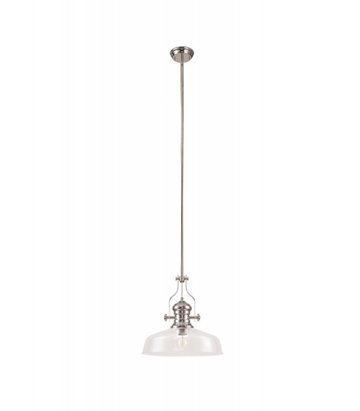 Dome Ceiling Pendant With 38cm Flat Round Shade, 1 x E27, Polished Nickel, Clear Glass - 3
