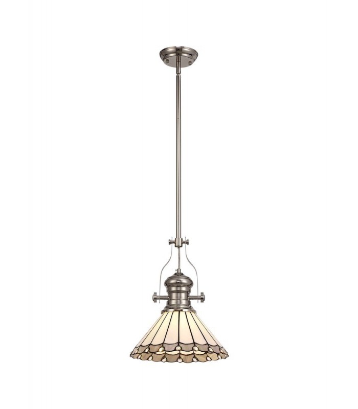 1 Light Telescopic Ceiling Pendant E27 With 30cm Tiffany Shade, Polished Nickel, Grey, Crystal - 1