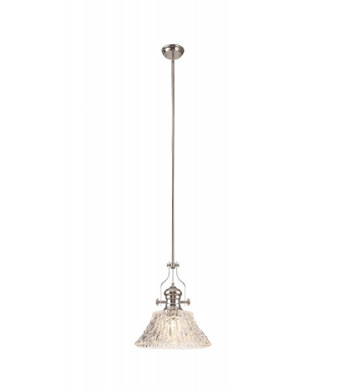 Dome Ceiling Pendant With 38cm Patterned Round Shade, 1 x E27, Polished Nickel, Clear Glass - 1