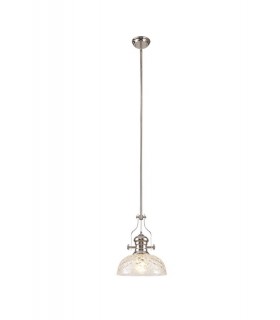 Dome Ceiling Pendant With 30cm Flat Round Patterned Shade, 1 x E27, Polished Nickel, Clear Glass - 1