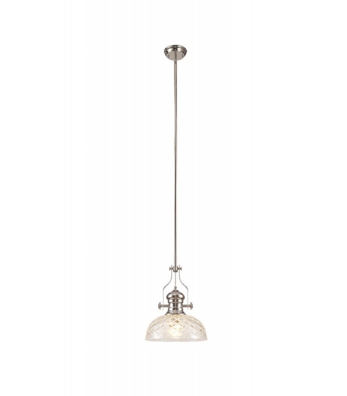 Dome Ceiling Pendant With 30cm Flat Round Patterned Shade, 1 x E27, Polished Nickel, Clear Glass - 1