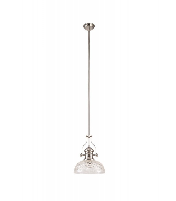 Dome Ceiling Pendant With 30cm Flat Round Patterned Shade, 1 x E27, Polished Nickel, Clear Glass - 3