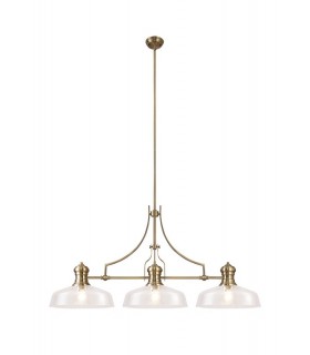 Linear Ceiling Pendant With 38cm Flat Round Shade, 3 x E27, Antique Brass, Clear Glass - 1