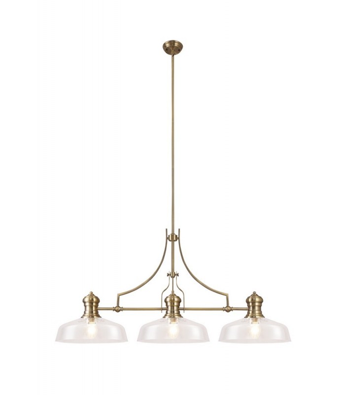Linear Ceiling Pendant With 38cm Flat Round Shade, 3 x E27, Antique Brass, Clear Glass - 1