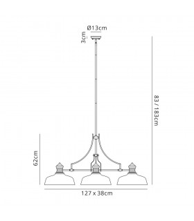 Linear Ceiling Pendant With 38cm Flat Round Shade, 3 x E27, Antique Brass, Clear Glass - 2