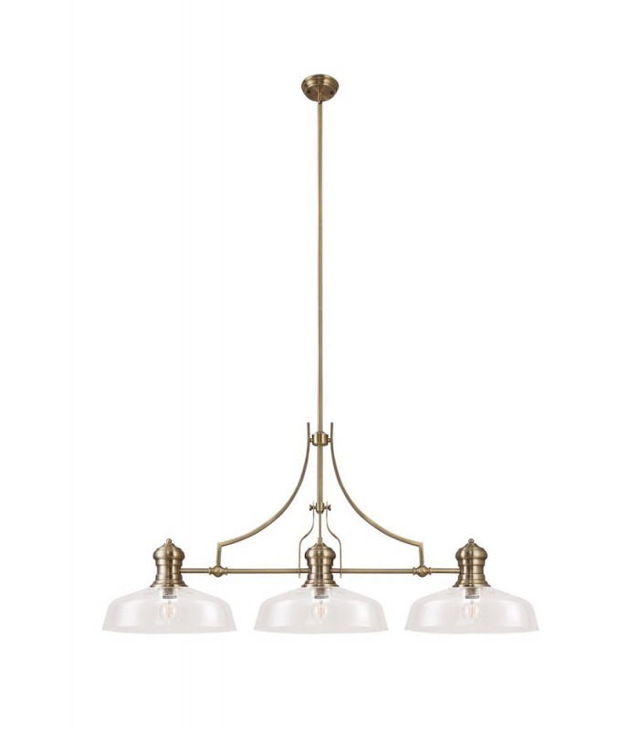 Linear Ceiling Pendant With 38cm Flat Round Shade, 3 x E27, Antique Brass, Clear Glass - 3