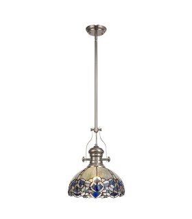 1 Light Telescopic Ceiling Pendant E27 With 30cm Tiffany Shade, Polished Nickel, Blue, Clear Crystal - 1