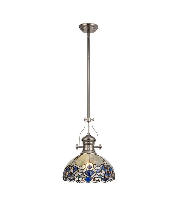 1 Light Telescopic Ceiling Pendant E27 With 30cm Tiffany Shade, Polished Nickel, Blue, Clear Crystal - 1