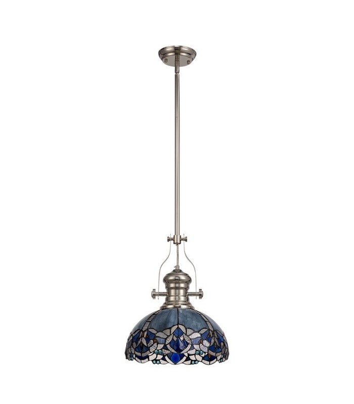 1 Light Telescopic Ceiling Pendant E27 With 30cm Tiffany Shade, Polished Nickel, Blue, Clear Crystal - 3