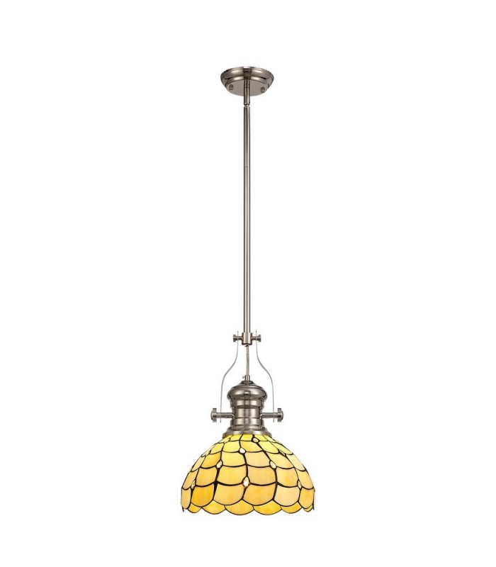 1 Light Telescopic Ceiling Pendant E27 With 30cm Tiffany Shade, Polished Nickel, Beige, Clear Crystal - 1