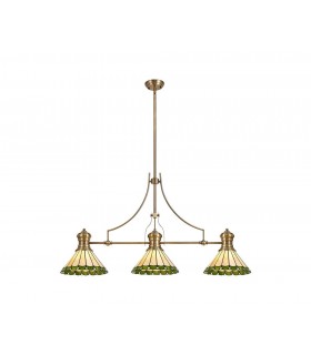 3 Light Telescopic Ceiling Pendant E27 With 30cm Tiffany Shade, Antique Brass, Green, Crystal - 1