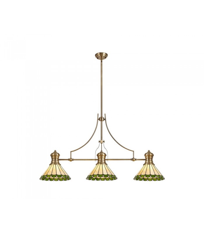 3 Light Telescopic Ceiling Pendant E27 With 30cm Tiffany Shade, Antique Brass, Green, Crystal - 1
