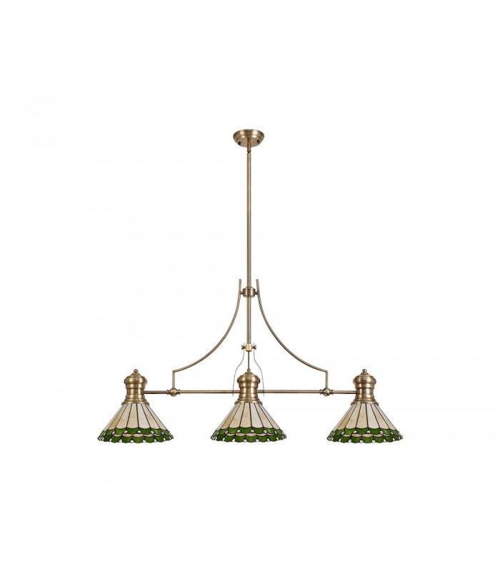 3 Light Telescopic Ceiling Pendant E27 With 30cm Tiffany Shade, Antique Brass, Green, Crystal - 3