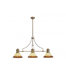 3 Light Telescopic Ceiling Pendant E27 With 30cm Tiffany Shade, Antique Brass, Amber, Crystal - 1