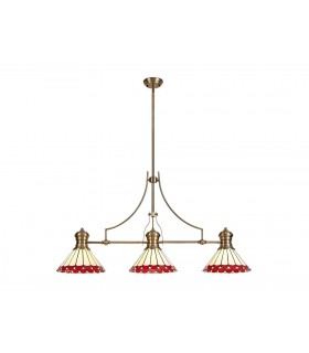 3 Light Telescopic Ceiling Pendant E27 With 30cm Tiffany Shade, Antique Brass, Red, Crystal - 1