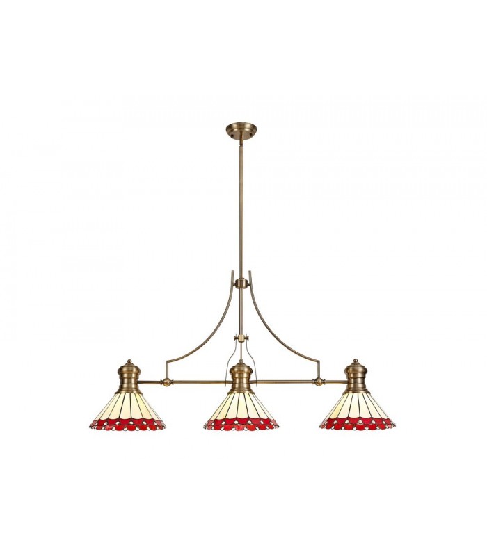 3 Light Telescopic Ceiling Pendant E27 With 30cm Tiffany Shade, Antique Brass, Red, Crystal - 1