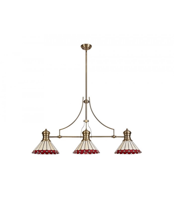 3 Light Telescopic Ceiling Pendant E27 With 30cm Tiffany Shade, Antique Brass, Red, Crystal - 3