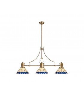 3 Light Telescopic Ceiling Pendant E27 With 30cm Tiffany Shade, Antique Brass, Blue, Crystal - 1