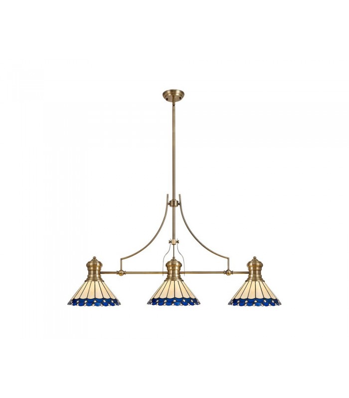 3 Light Telescopic Ceiling Pendant E27 With 30cm Tiffany Shade, Antique Brass, Blue, Crystal - 1
