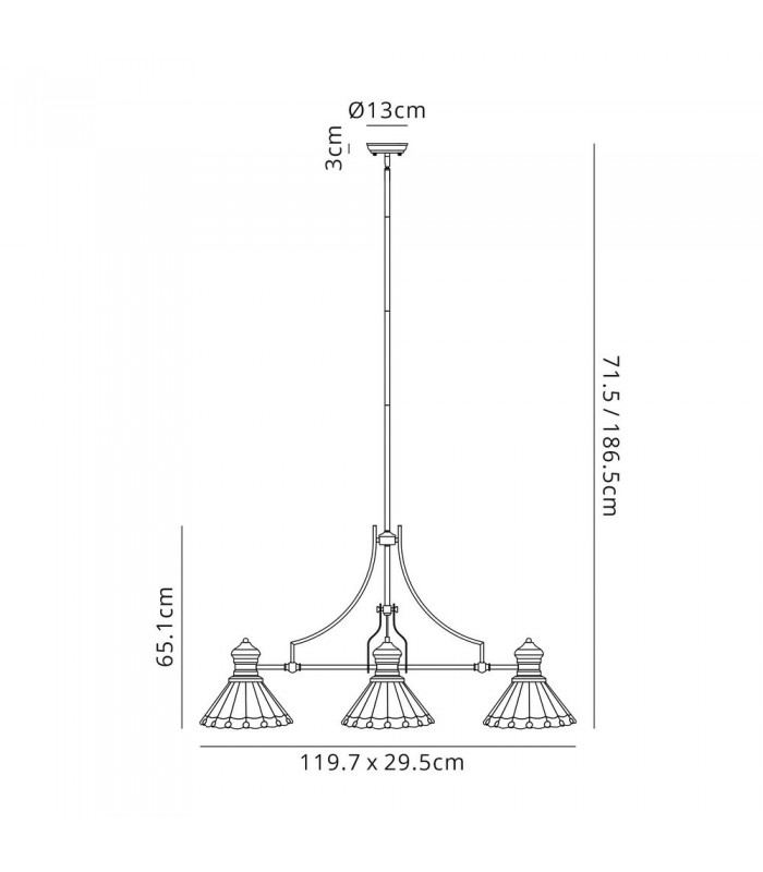 3 Light Telescopic Ceiling Pendant E27 With 30cm Tiffany Shade, Antique Brass, Blue, Crystal - 2